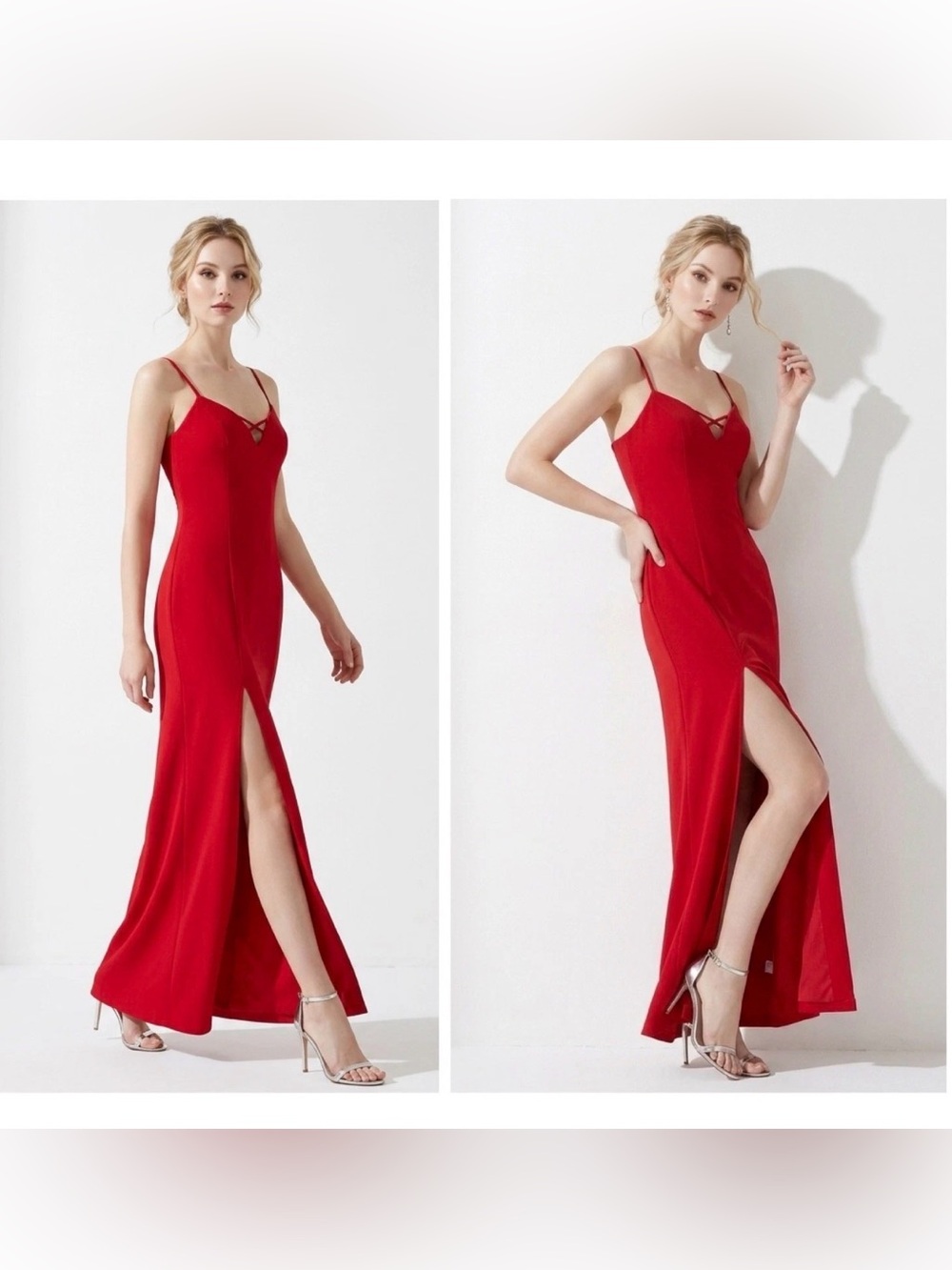 Vintage Roberta 90s Cocktail Evening Dress Retro Ruby Red Side Slit Maxi Sz Med